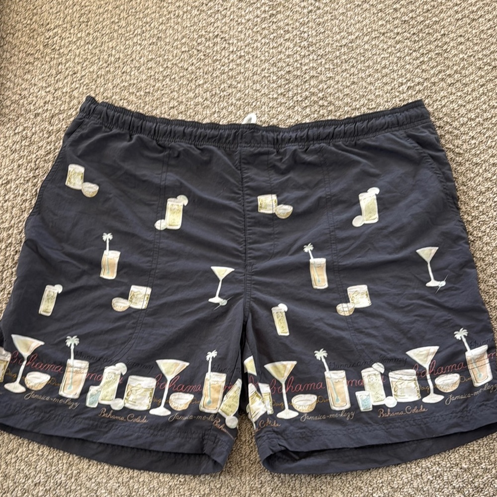 Tommy Bahama Black Swim Trunks with Playful Drink Pattern